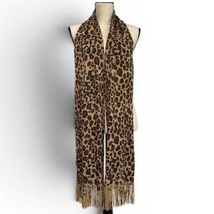 Cejon Leopard Print Fringe Scarf Gold Metallic Animal Print Knit Wrap